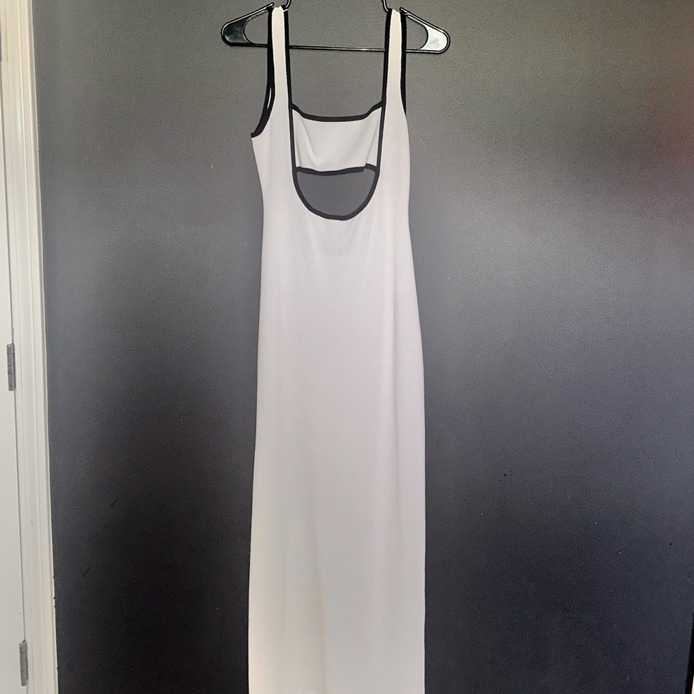 White maxi dress with black trim